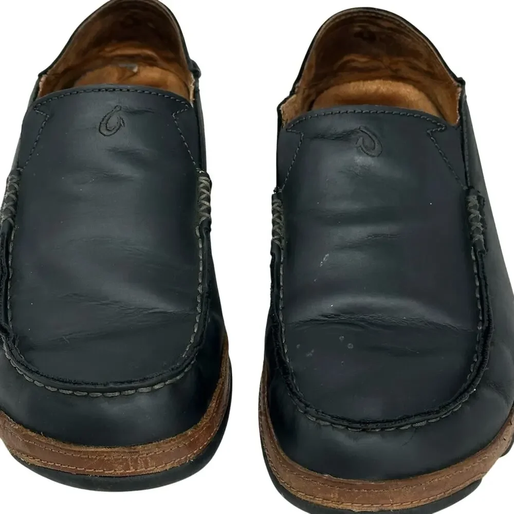 OluKai Moloa Slip On Loafer Black Leather Grip Sole Shoe